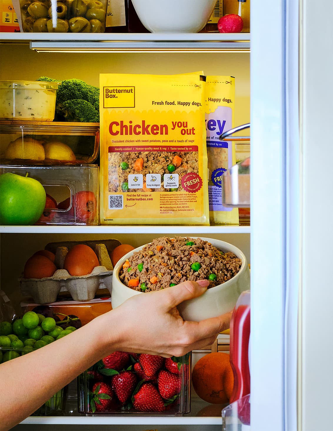 Hand holding a bowl of Butternut Box fresh dog food, "Chicken You Out," in a fridge with fruits and vegetables.