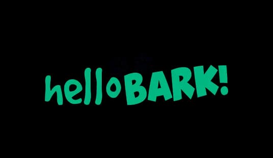 Stylized text: "helloBARK!" with paw prints above the "o".