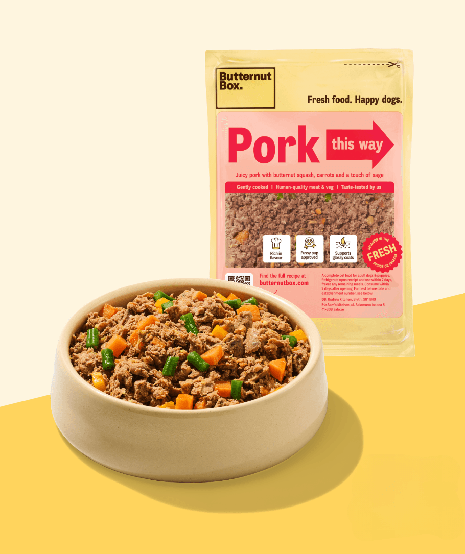 Butternut Box Pork This Way pouch and bowl