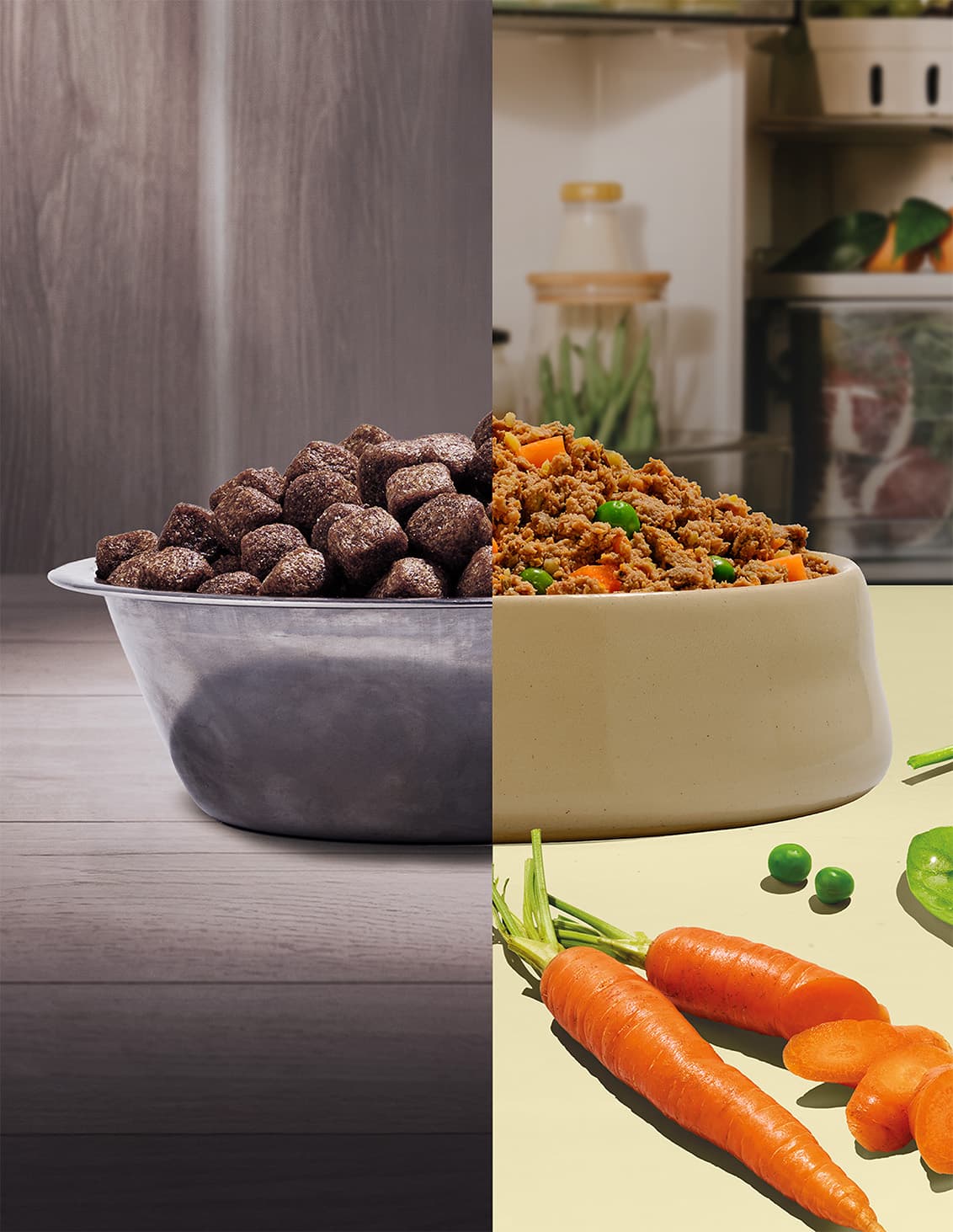 Half-and-half image of dry dog kibble in a metal bowl and fresh Butternut Box meal with carrots and peas in a ceramic bowl.